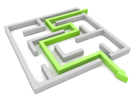 Solution concept: green arrow path showing labyrinths end, way out in the design of access to information relating to the businessの写真素材