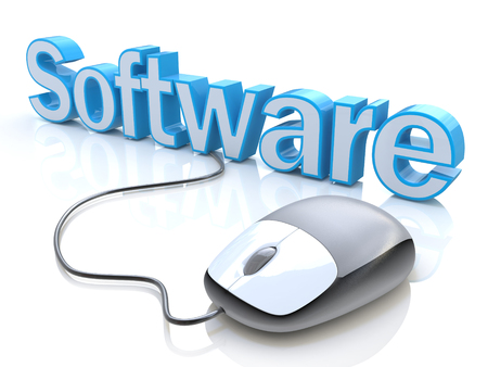 modern grey computer mouse connected to the blue word Software in the design of information associated with the software technologyの写真素材