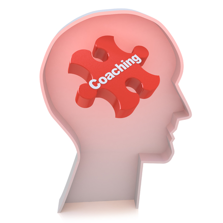 Education concept: Head With Red Puzzle Piece and word Coaching, 3d render in the design of information related to business trainingの写真素材
