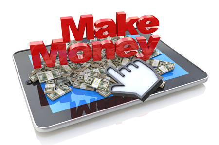 Making money online - Tablet pc computer with 3d text Make Money and Heap of dollarsの写真素材