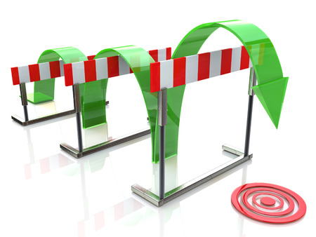 Arrow jumping over hurdles in the design of access to information relating to the business and its goalsの写真素材