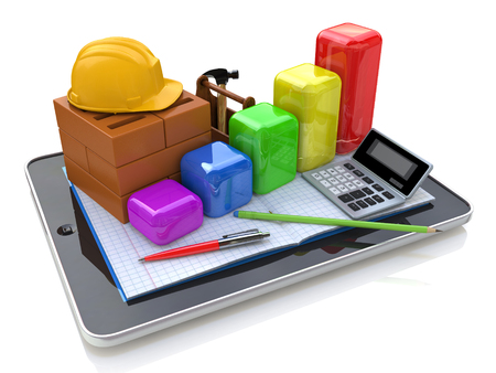Engineering works on tablet computer - Development in the construction industry in the design of information related to businessの写真素材