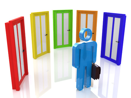 3d people - man, person and doors different. Businessman in the design of the information related to the choice of path in lifeの写真素材