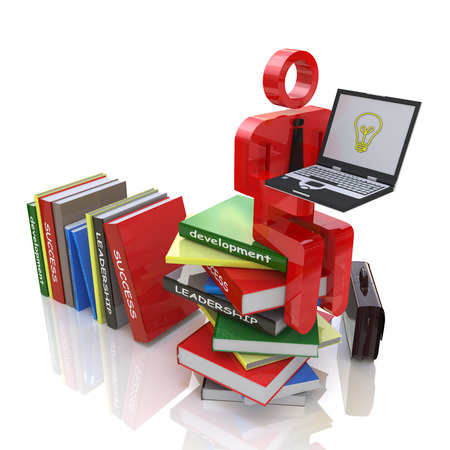 3d man sitting on a pile of books and holding a laptop with idea bulb on the screen in the design of the information related to the acquisition of knowledge to create new ideasの写真素材