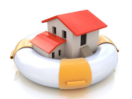 House insurance home owner protection from mortgage interest rates as a home in a lifesaver and real estate financial and structural risk as security from hazards like flooding fire and burglaryの写真素材