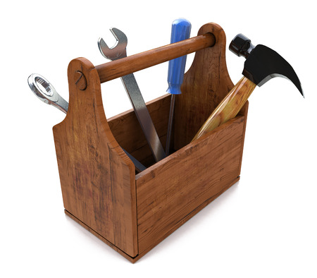 Toolbox with tools. Skrewdriver, hammer, handsaw and wrench. 3d in the design of the information associated with a request for repairの写真素材
