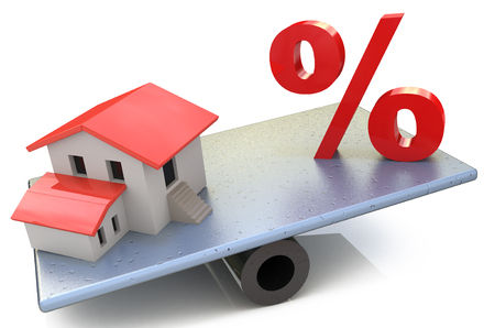 Seesaw with percent symbol and a house, isolated on white background in the design of information relating to commercial manipulation Estateの写真素材