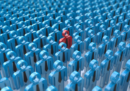 Creative abstract individuality, uniqueness and leadership business concept: single red 3D people figure in crowded group of blue figures with selective focus effectの写真素材