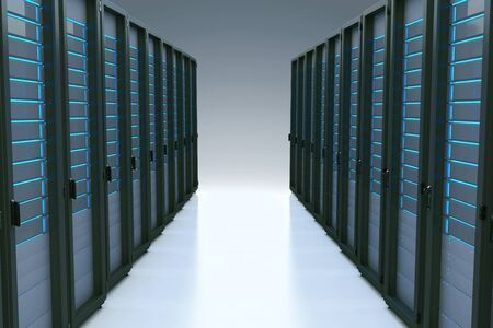 Rows of network servers in data center with reflection effectの写真素材