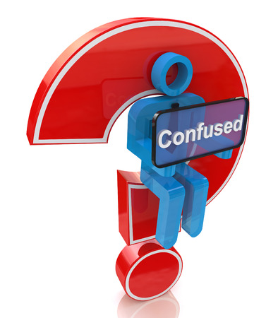Confused. 3d man with red question mark over white background in the design of information related to internetの写真素材