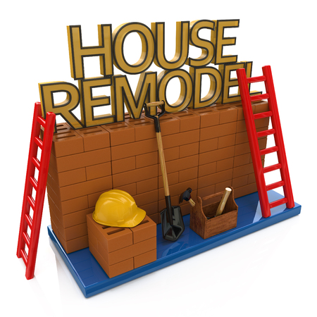 House remodel concept and tools, brickwork. Workplace. Isolated on white background in the design of information related to the construction industryの写真素材