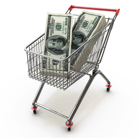 shopping cart full of stacks of dollar bills in the design of the information related to the purchase. 3d illustrationの写真素材