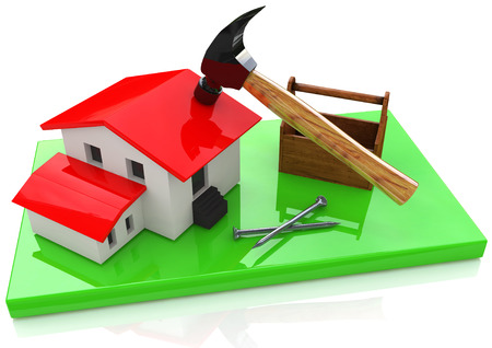 building a house for information related to the design of the construction site and the business. 3d illustrationの写真素材