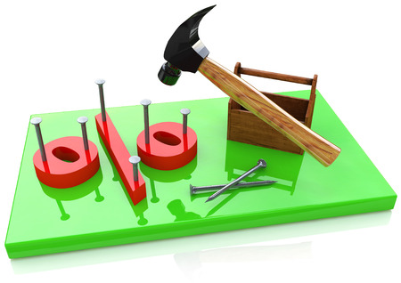Percentage sign and hammer in the design of information related to discount. 3d illustrationの写真素材