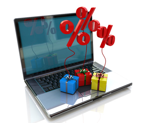 Laptop and gift discounts in Internet. 3d illustrationの写真素材