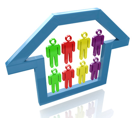 outline of a house and people in the design of the information related to the economy and Real Estate. 3d illustrationの写真素材