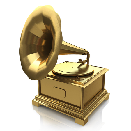 Vintage gold gramophone in the design of the information related to the retro music. 3d illustrationの写真素材