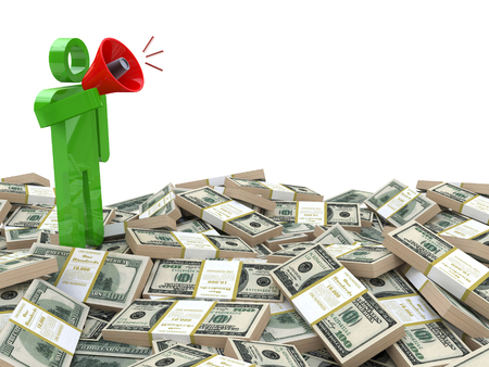3d rendered businessman speaking through a megaphone around money - business motivation concept in the design of the information related to the business. 3d illustrationの写真素材