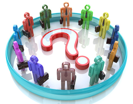 Colorful 3d people around the question mark - Solution problems in the design of information related to the problemの写真素材