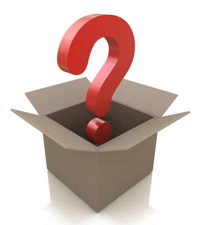 Cardboard box with question mark in the design of information related to unsolved problemsの写真素材