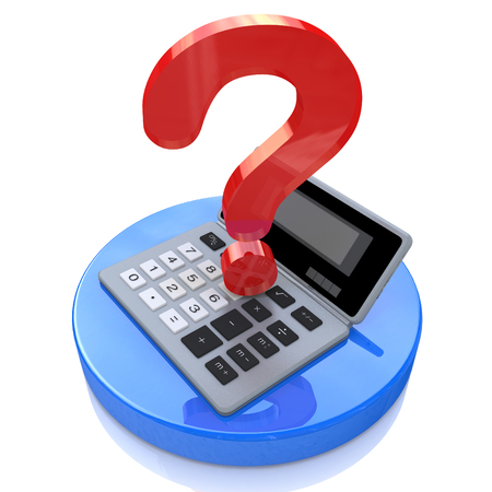 Calculator and question mark in the design of information related to the calculations and problemsの写真素材