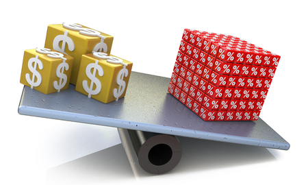 Cubes of dollars and percent on scales balance in the design of information related to money and discountsの写真素材