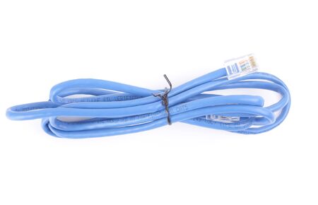 Coiled and tighten blue LAN cable