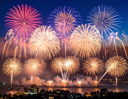 Colorful fireworks of various colors over the city at night, Thailandの素材
