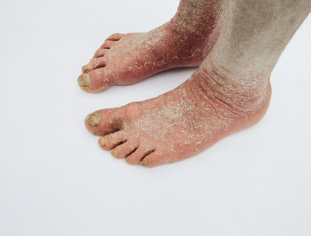 The doctor diagnoses the injured foot. Dry skin, Psoriasis of the feet. The skin is damaged. Dermatitis, eczema, psoriasis, allergic reaction. Peeling and cracking on the foot of a person.の写真素材