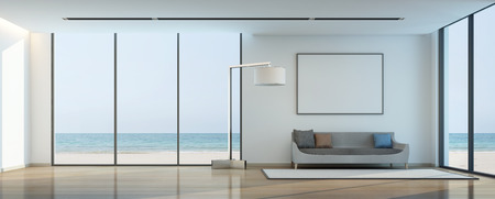 sea view living room with white picture frame- 3D renderingの写真素材