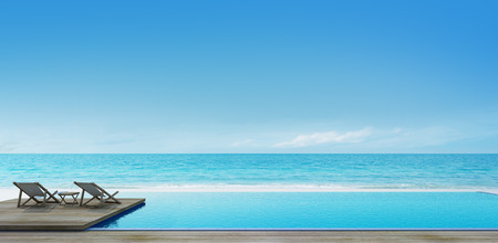 swimming pool near the beach with chair and coffee table on deck- 3D renderingの写真素材