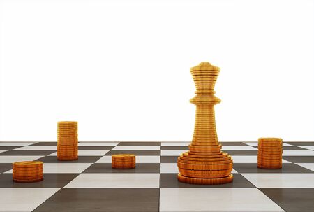 Coins stacking on chess board - 3D renderingの写真素材