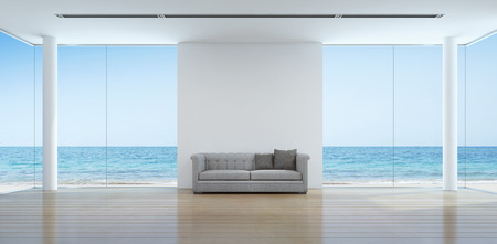 Sea view living room interior in modern beach house - 3D rendering