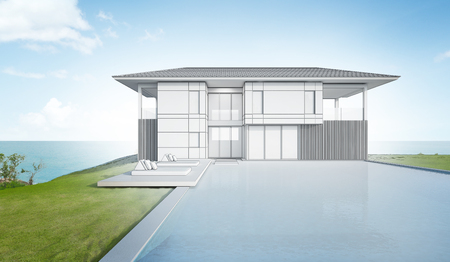 Sketch design of modern beach house and pool - 3d renderingの写真素材
