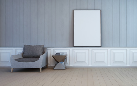 blank art frame on wall of living room - 3d renderingの写真素材