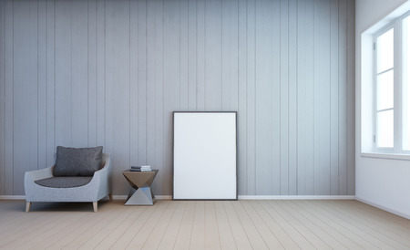 White art frame on wall in living room - 3d renderingの写真素材