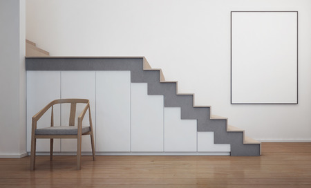 Modern house interior with stair and white picture frame - 3d renderingの写真素材