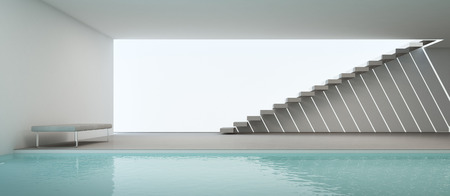modern house interior with swimming pool and white wall - 3D renderingの写真素材