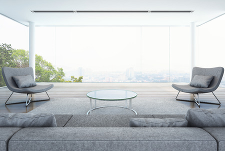 living room in modern building, white interior with city background - 3D renderingの写真素材