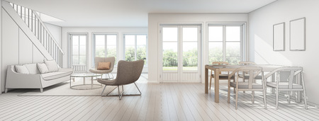 Living room and dining room in modern house, sketch design - 3D renderingの写真素材