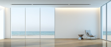 Modern beach house interior, Relaxing sea view living room - 3d renderingの写真素材