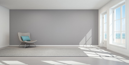 Sea view living room in modern beach house, Summer home - 3D renderingの写真素材