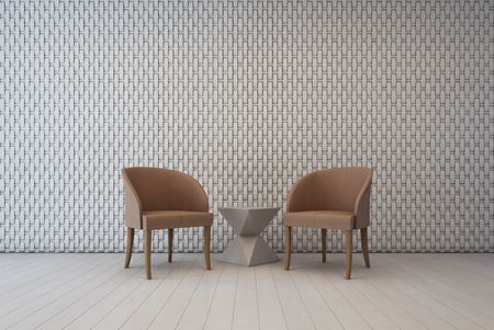 White interior with wall decoration pattern and armchairs, living room - 3d renderingの写真素材