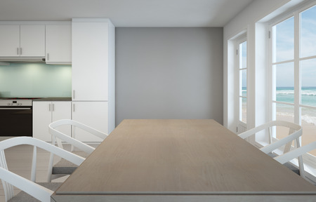 Sea view dining room and kitchen in luxury beach house - 3D renderingの写真素材