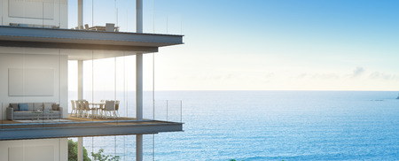 Sea view meeting and living room in modern office, Building with luxury interior - 3d renderingの写真素材