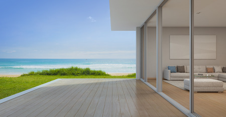 Sea view Living room with empty terrace in modern luxury beach house, Vacation home for big family - 3d rendering of residential buildingの写真素材