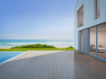 Luxury beach house with sea view swimming pool and empty terrace in modern design, Vacation home for big family - 3d rendering of residential buildingの写真素材