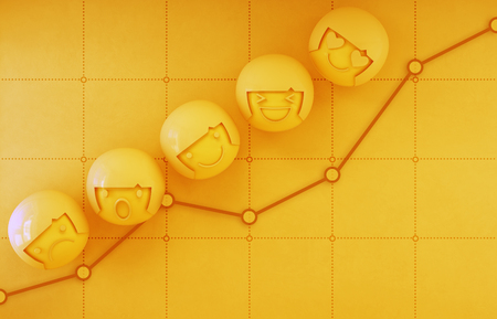 3d rendering of emotion icons on yellow financial chart with profit graph background in business...