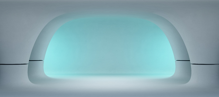 Abstract interior design of modern showroom with empty white floor and smooth blue wall background, Future architecture or alien house - Stage 3d illustrationの写真素材