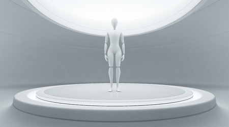 Abstract interior design of modern showroom with white floor and empty curved wall background, Robot on stage in future technology concept -  3d illustrationの写真素材